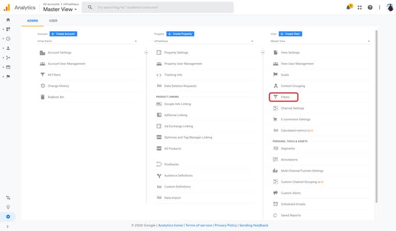 Google Analytics - Select Filters Under View Settings